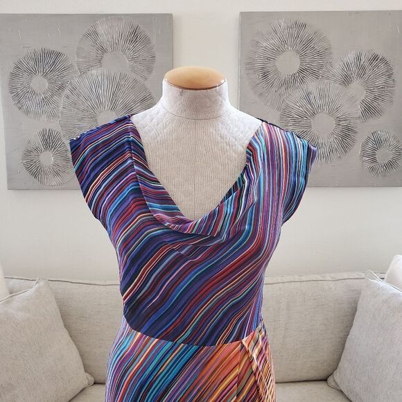 ✨ BCBG ✨ 100% Silk Cowl Neck Striped Asymmetrical Hem Dress - [Size 4] - Picture 2 of 12